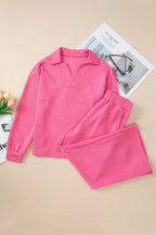 Textured Long Sleeve Top Drawstring Pants Set (7)