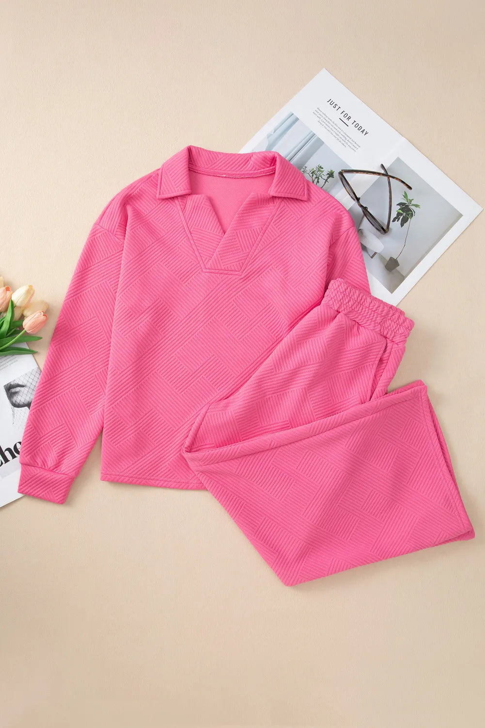 Textured Long Sleeve Top Drawstring Pants Set (7)