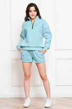 Half Zip Long Sleeve Sweatshirt Drawstring Shorts Set