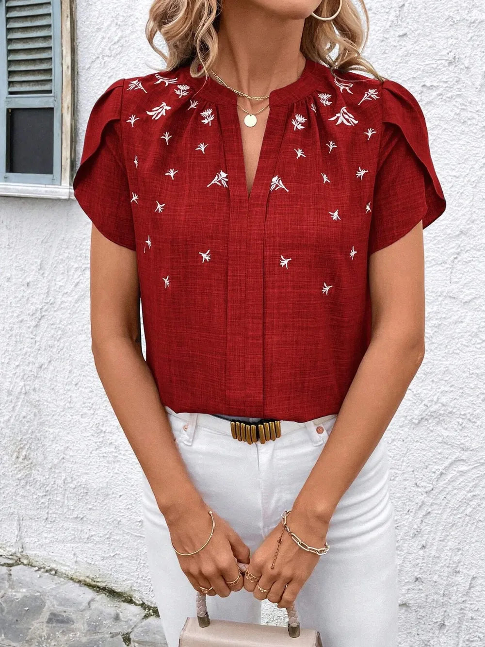 Floral Notched Short Sleeve Blouse (2)