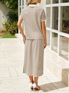Striped Polo Collar Top Slit Skirt Two-piece Set (22)