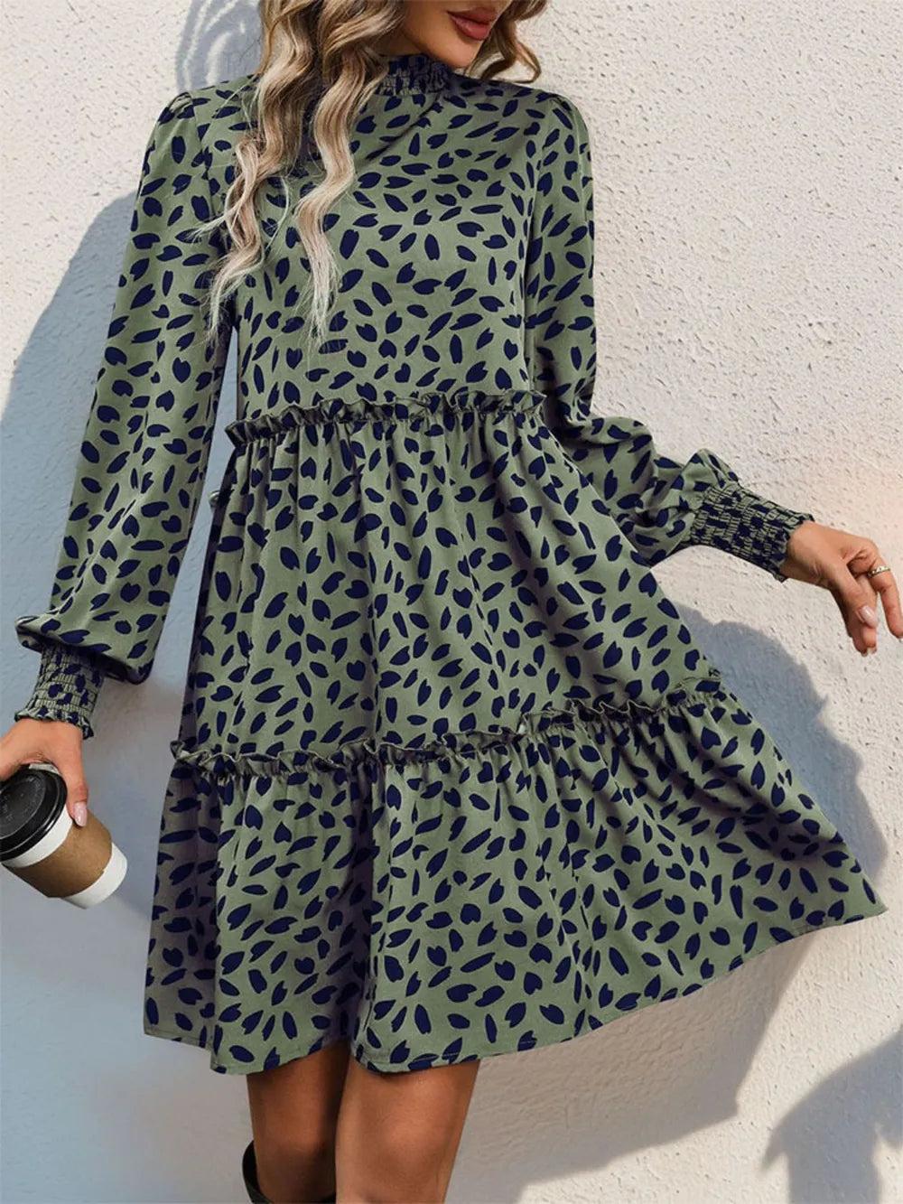 Frill Printed Mock Neck Long Sleeve Mini Dress (11)