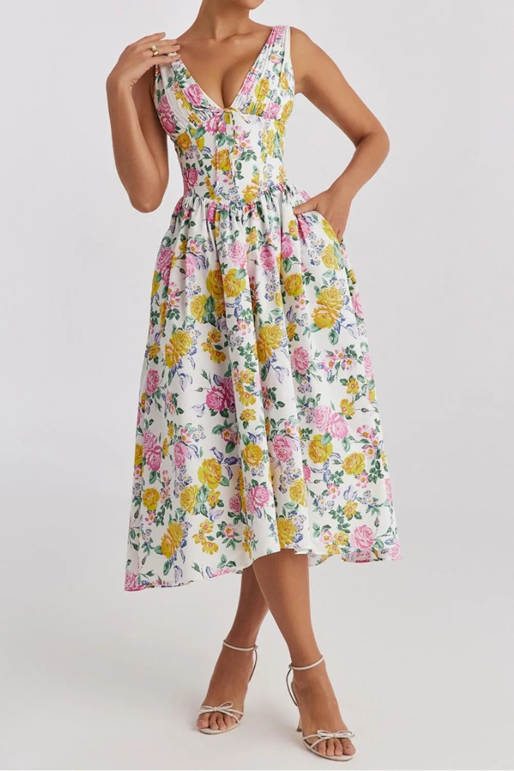 Floral V-neck Sleeveless Midi Dress Pockets (3)