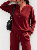 Button Detail Dropped Shoulder Top Pants Set (21)