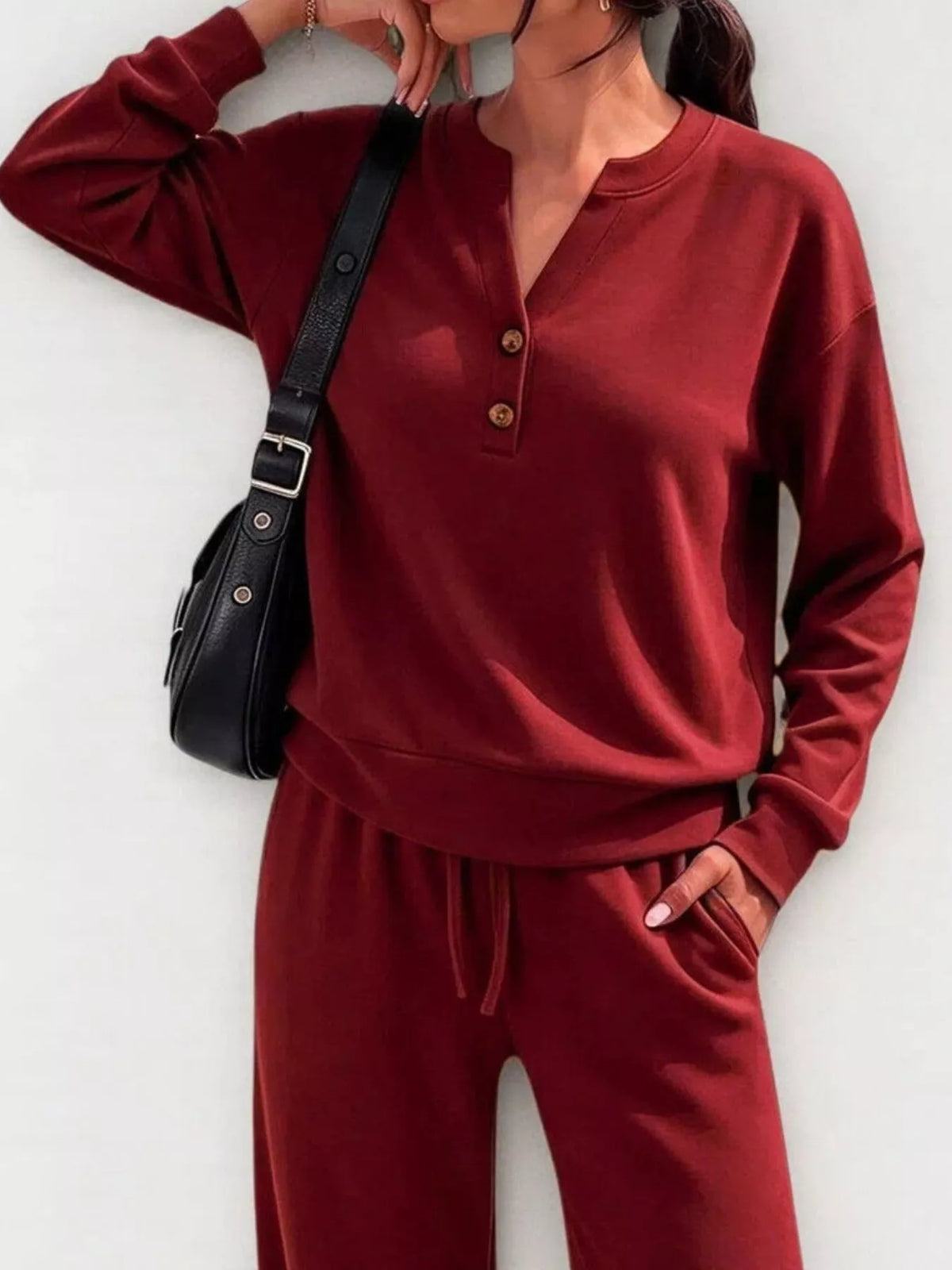 Button Detail Dropped Shoulder Top Pants Set (21)