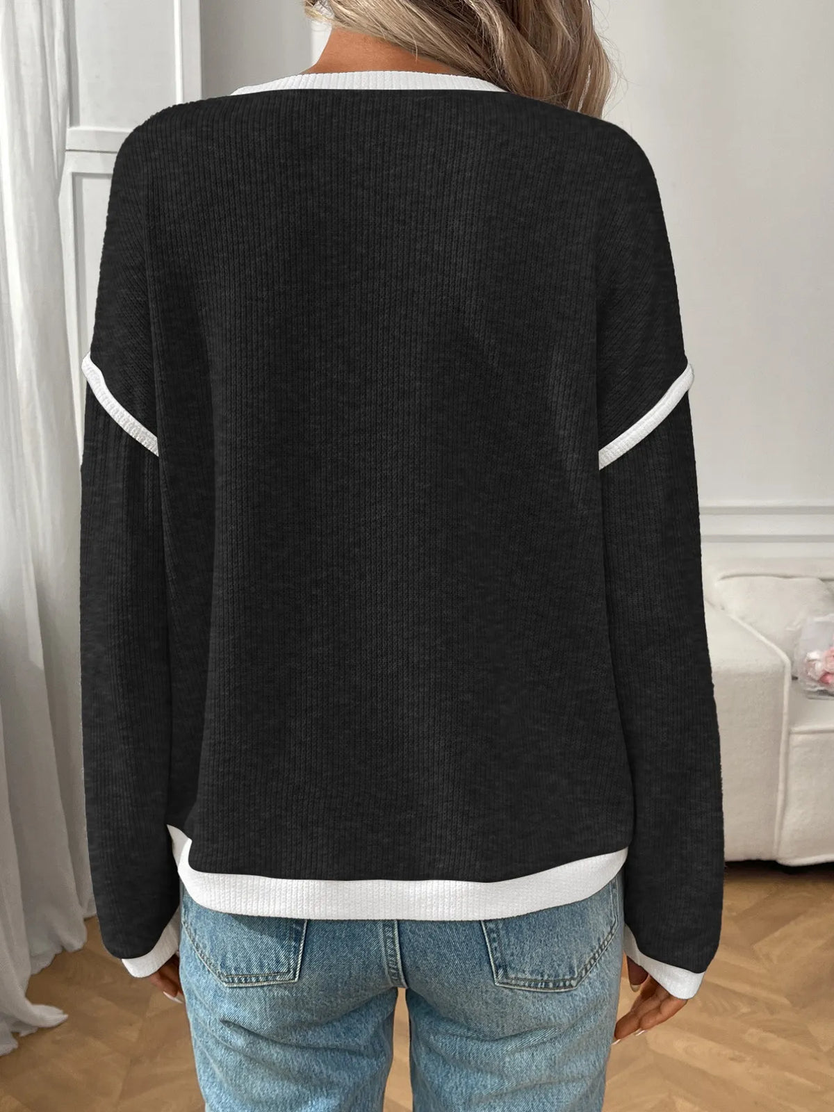Ribbed Contrast Trim Long Sleeve Top (34)