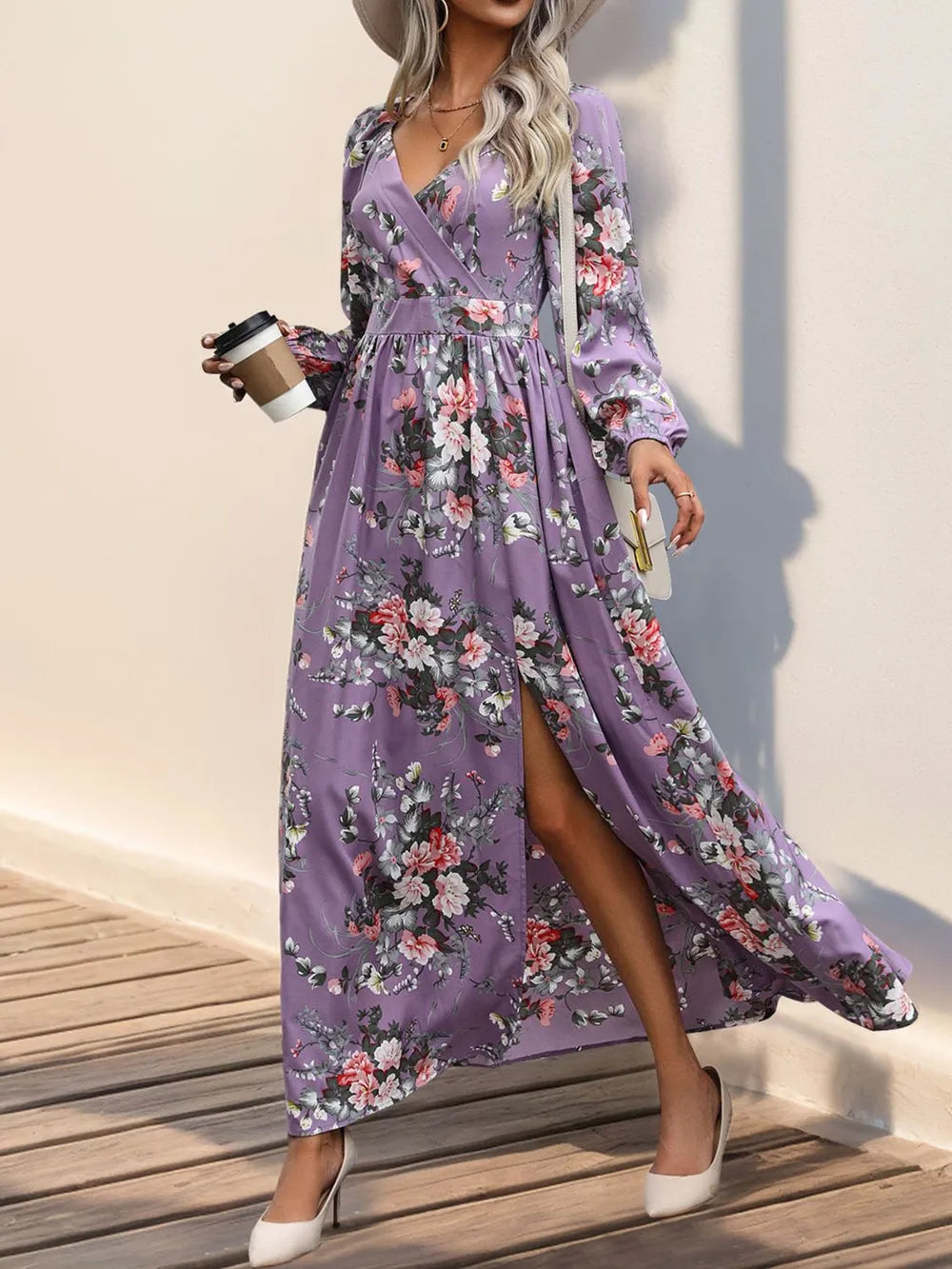Slit Printed Surplice Long Sleeve Maxi Dress (8)