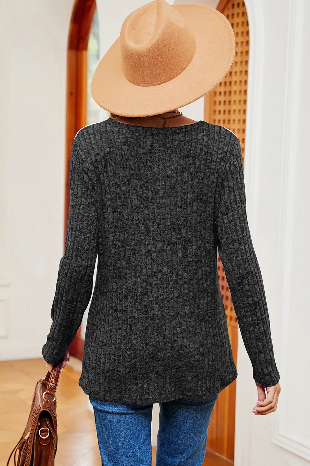 Eyelet Ribbed Round Neck Long Sleeve T-shirt (8)