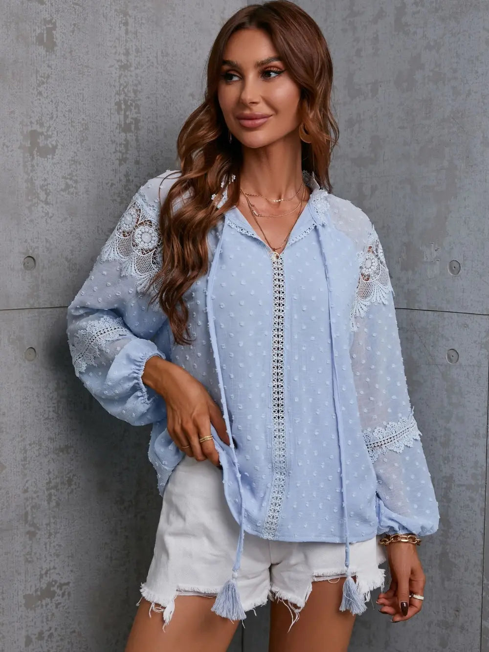 Crochet Tassel Tie Neck Long Sleeve Blouse (11)