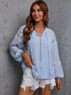 Crochet Tassel Tie Neck Long Sleeve Blouse (11)
