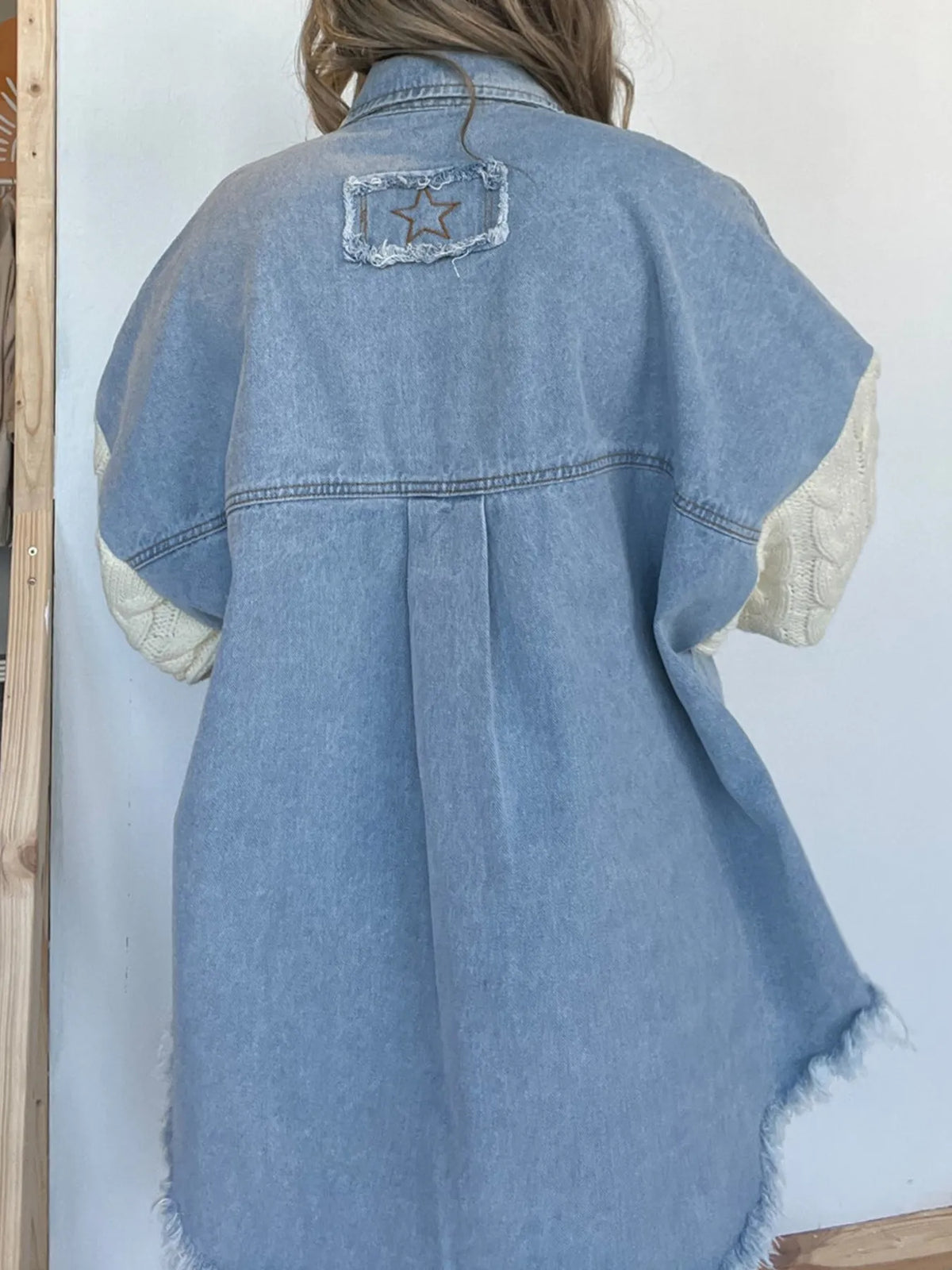 Full Size Raw Hem Button Up Patchwork Denim Jacket Plus (2)