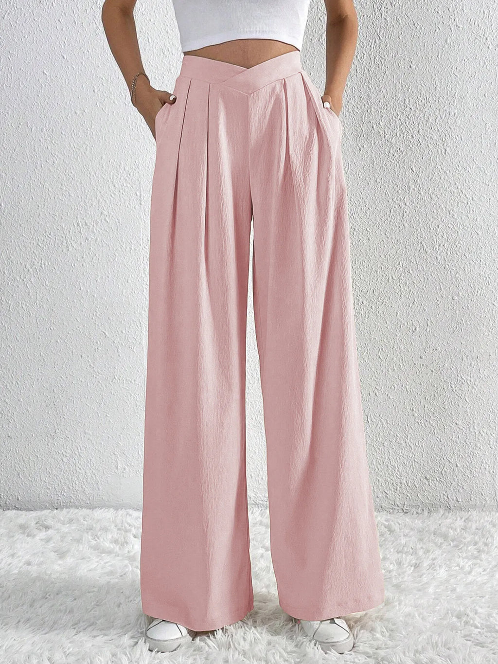 V-waisted Ruched Front Wide Leg Pants (2)