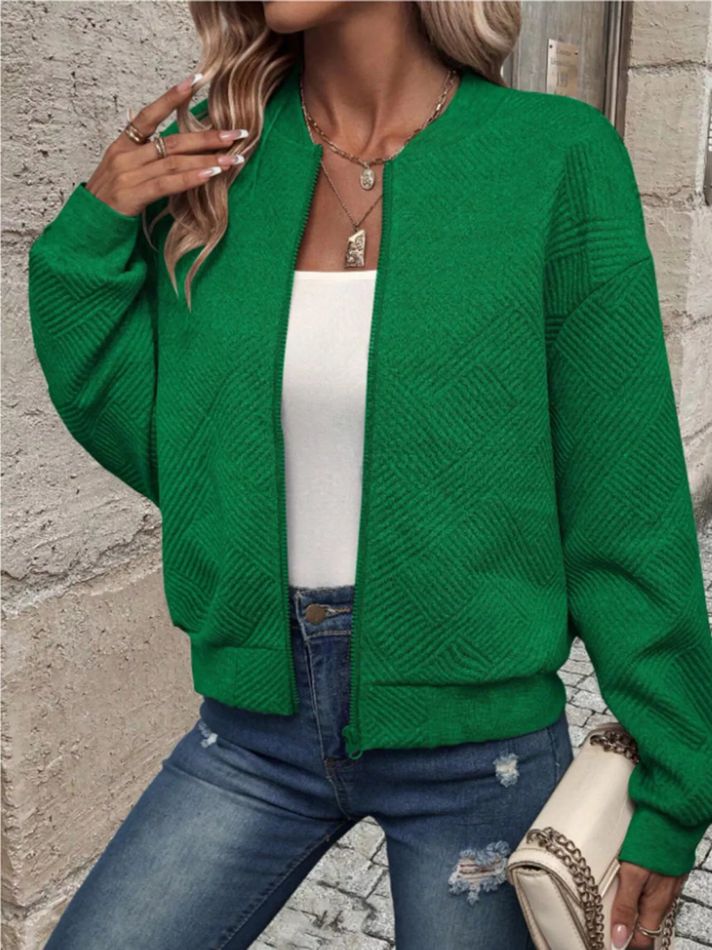 Textured Knit Zip-up Bomber Jacket (9)