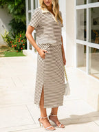 Striped Polo Collar Top Slit Skirt Two-piece Set (19)