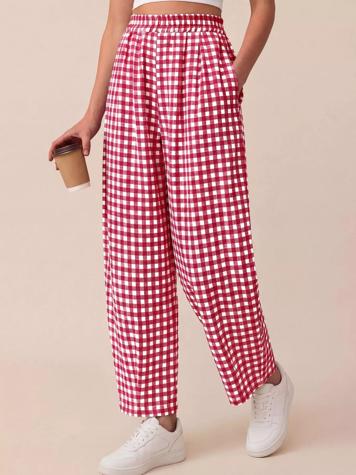 Gingham Wide-leg Casual Pants (16)