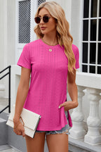 Eyelet Slit Round Neck Short Sleeve T-shirt (11)