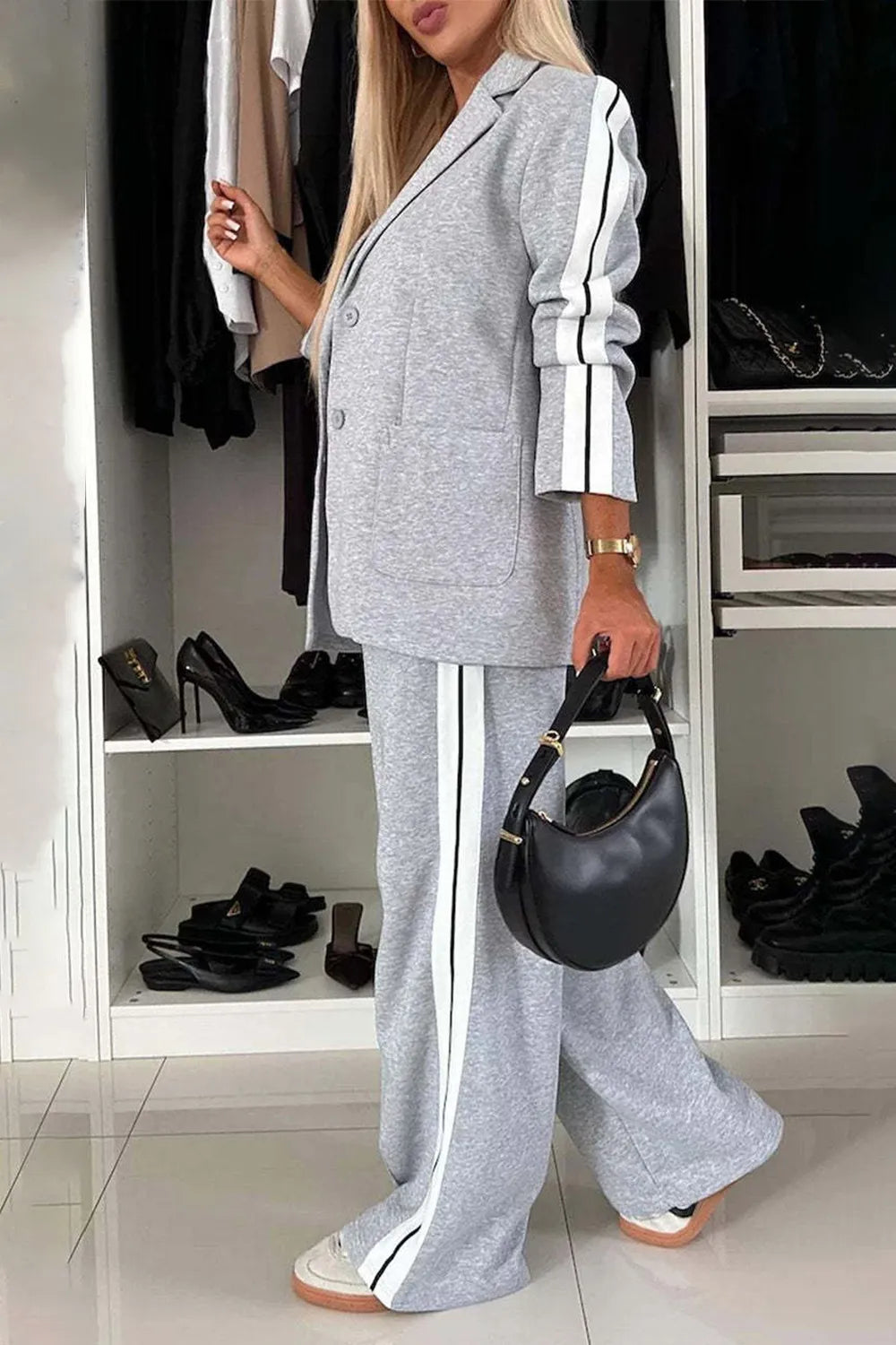 Full Size Contrast Lapel Collar Top Pants Set (2)