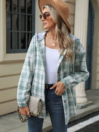 Drawstring Plaid Button Up Hooded Jacket (3)