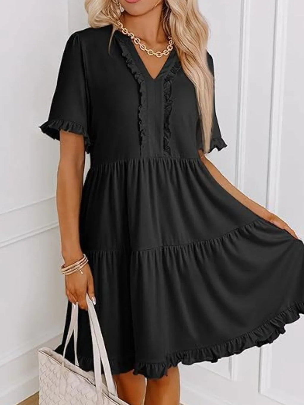 Tiered Notched Short Sleeve Mini Dress (5)