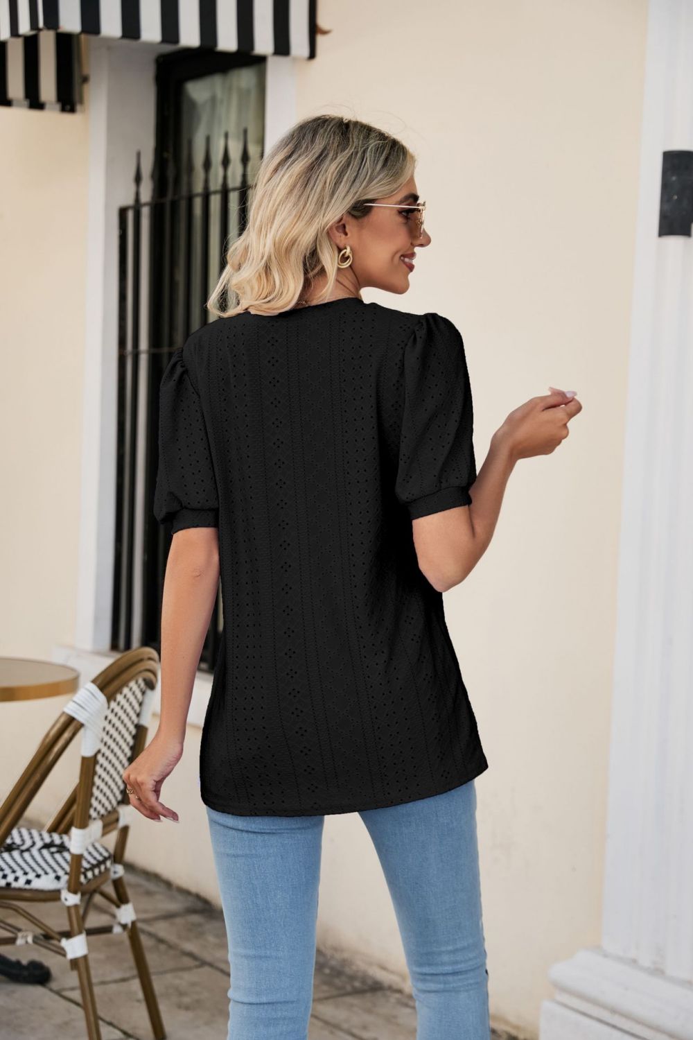 Eyelet Puff Sleeve V-neck Top (6)