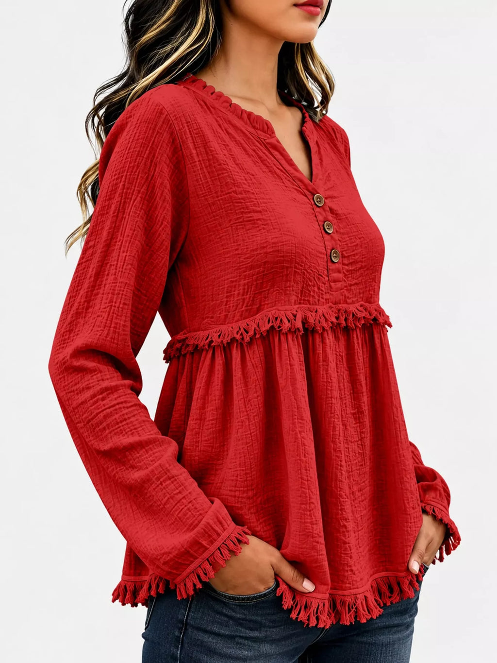 Full Size Frayed Hem Button Detail Blouse Plus (32)