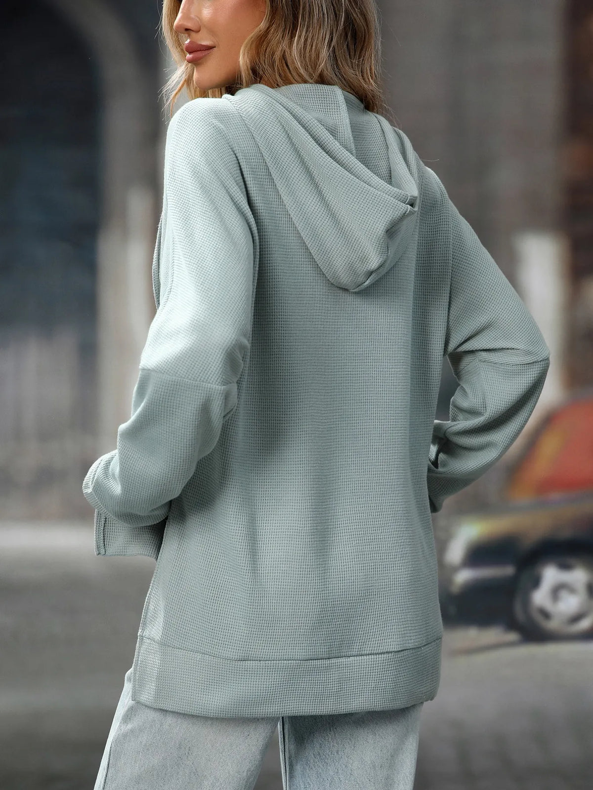 Textured Drawstring Long Sleeve Hoodie (4)