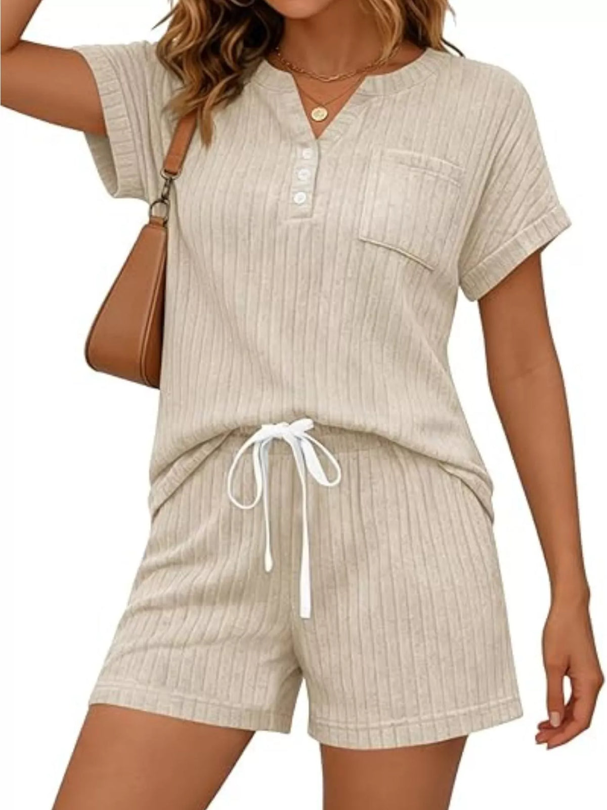 Casual Ribbed Knit Tee Shorts Set (5)