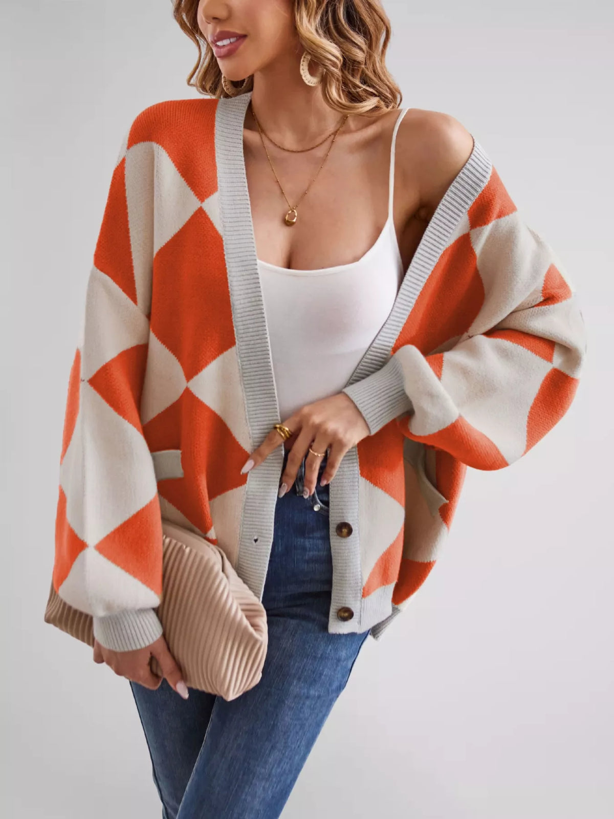 Diamond Pattern Button-up Knit Cardigan (25)