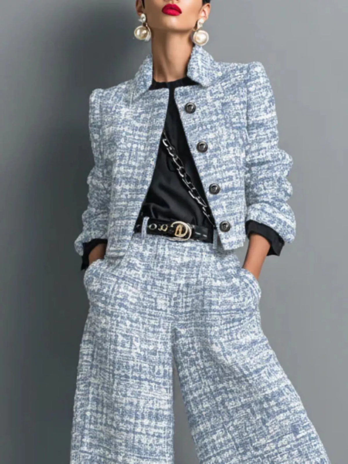 Tweed Cropped Jacket Wide-leg Pants Set (5)