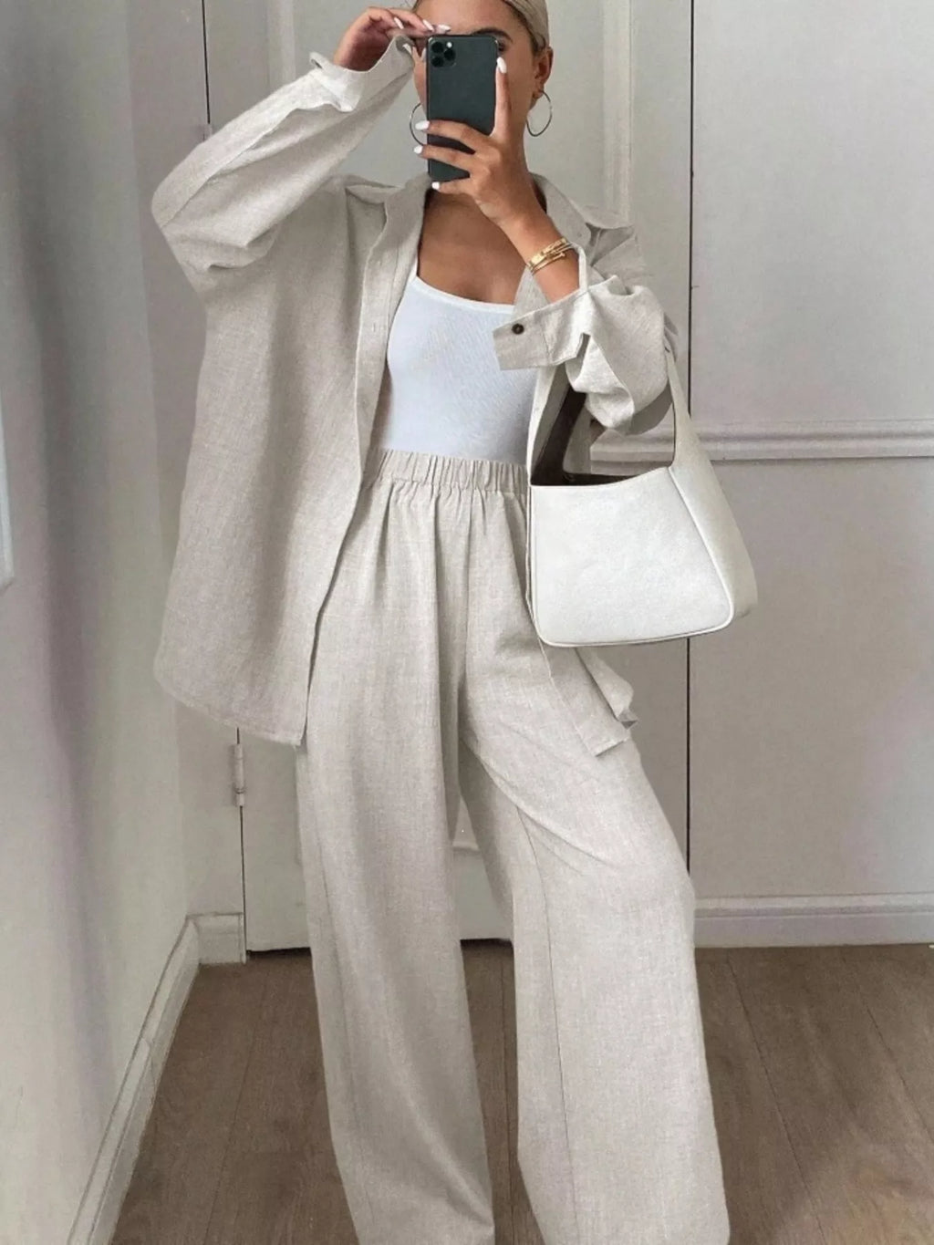 Button-down Shirt Wide-leg Pants Set (4)