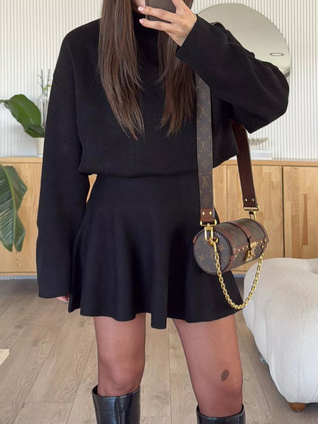 Turtleneck Dropped Shoulder Sweater Skirt Set (7)