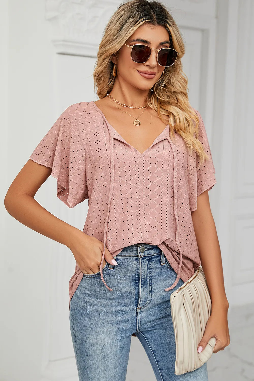 Eyelet Tie Neck Flutter Sleeve Blouse (22)