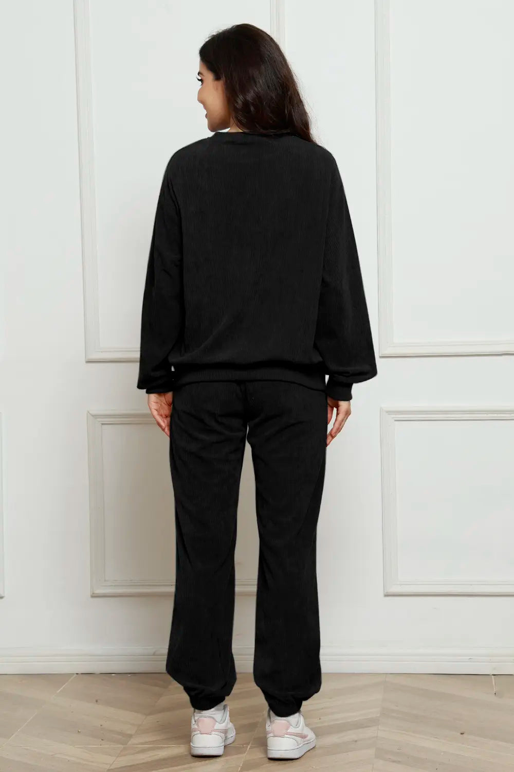 Corduroy Round Neck Sweatshirt Sweatpants Set (21)