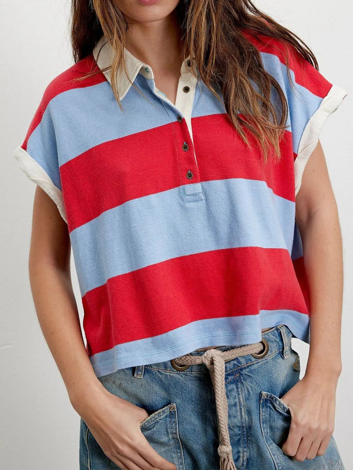 Striped Collared Neck Short Sleeve Top (6)