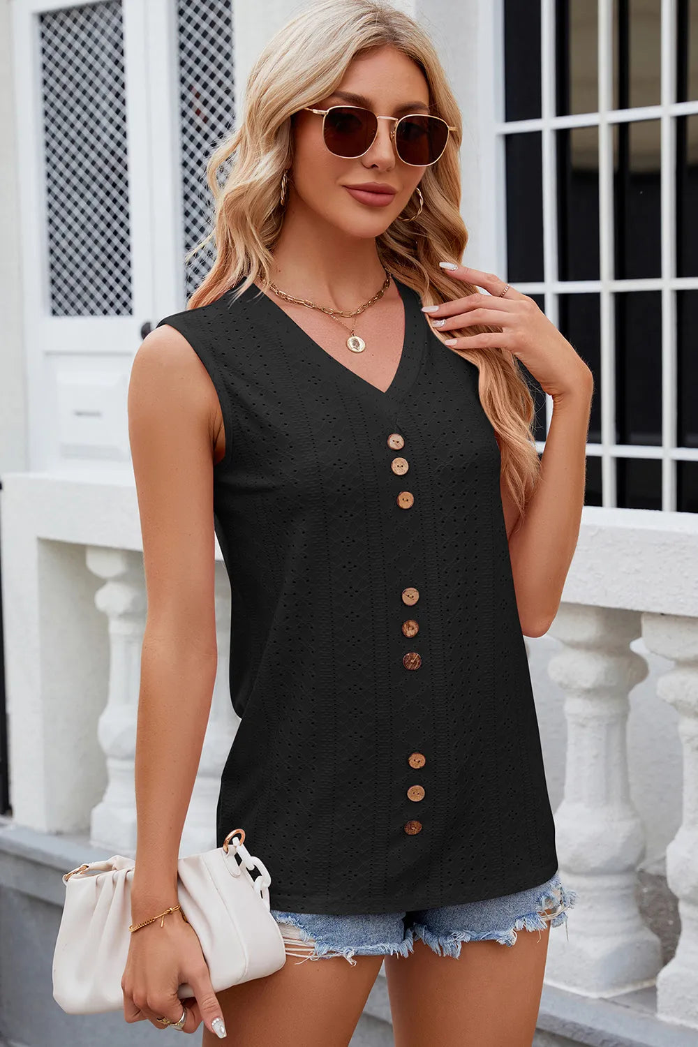 Decorative Button Eyelet V-neck Tank (6)