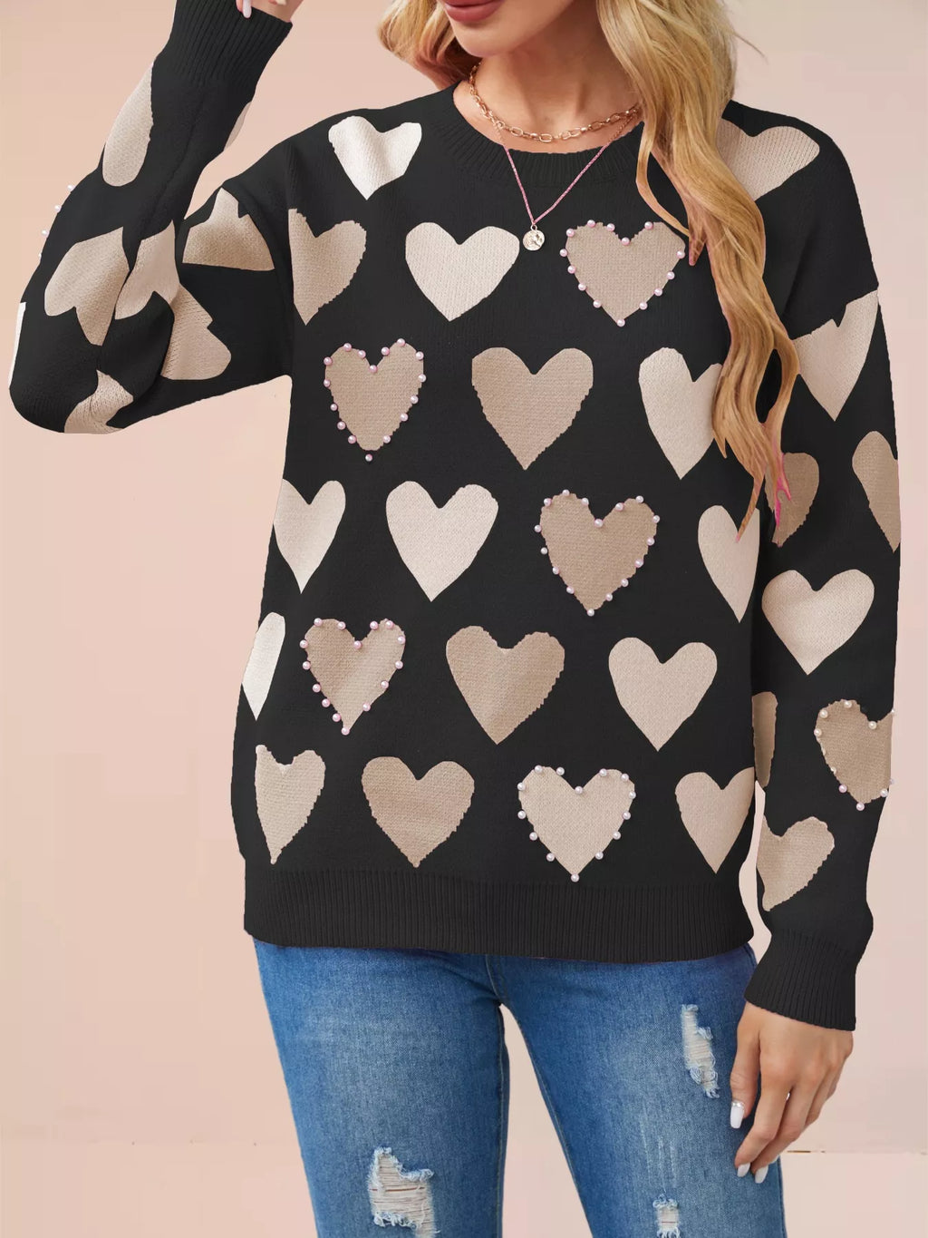 Heart Pattern Beaded Round Neck Sweater (12)
