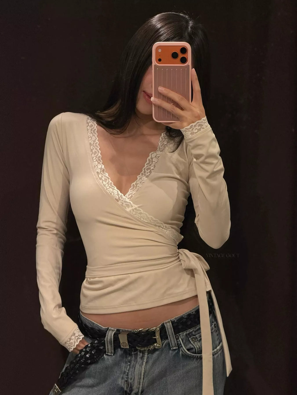 Lace-trimmed Long Sleeves Wrap Blouse (2)