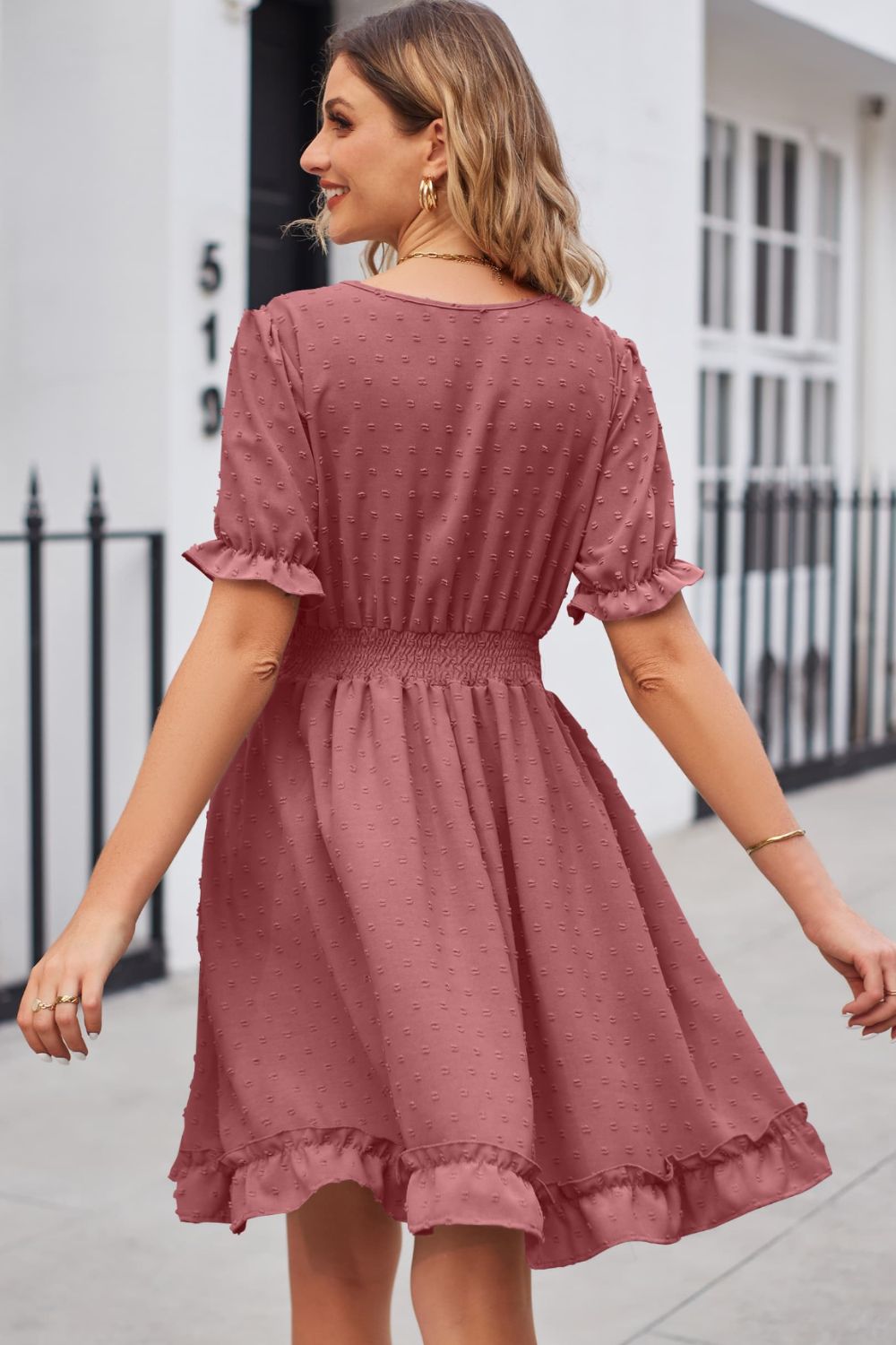 Swiss Dot Frill Trim Flounce Sleeve V-neck Dress (15)