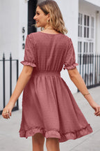 Swiss Dot Frill Trim Flounce Sleeve V-neck Dress (15)