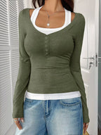 Scoop Neck Long Sleeve Fake Two-piece T-shirt (9)