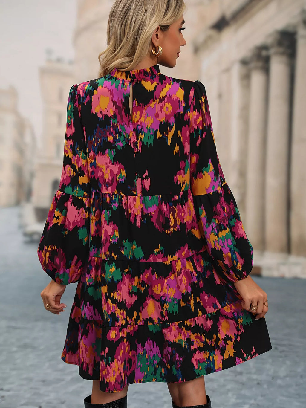Printed Balloon Sleeve Mini Dress (2)