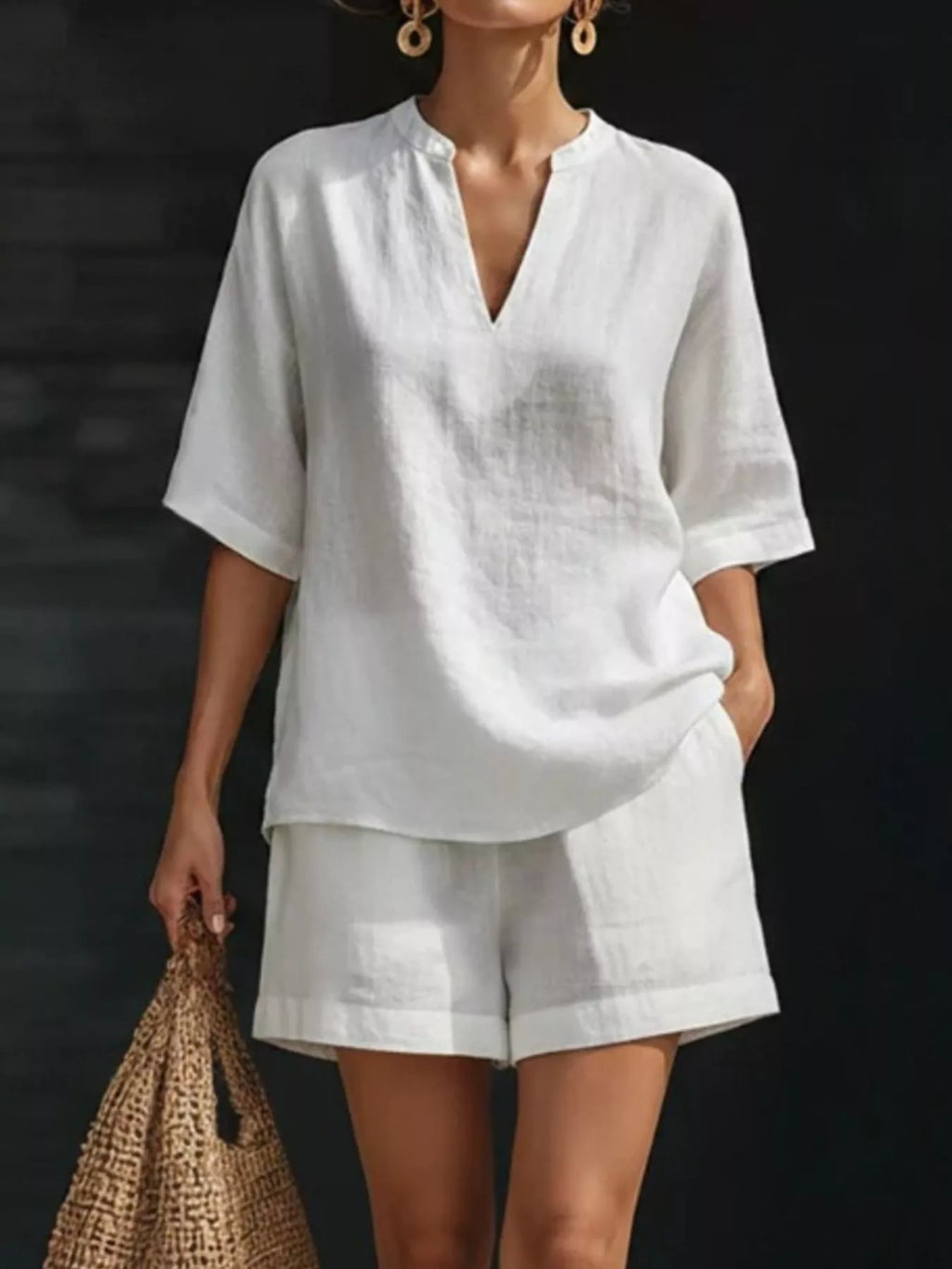 Notched Half Sleeve Top Shorts Set