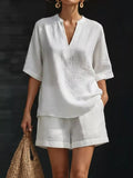 Notched Half Sleeve Top Shorts Set
