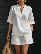 Notched Half Sleeve Top Shorts Set