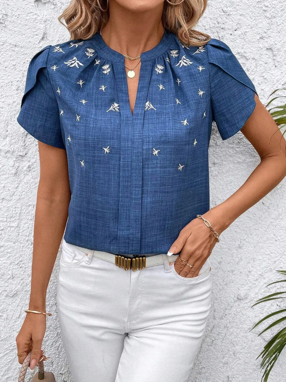 Floral Notched Short Sleeve Blouse (13)