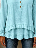 V-neck Long Sleeve Button Detail Ruffled Hem Blouse (12)