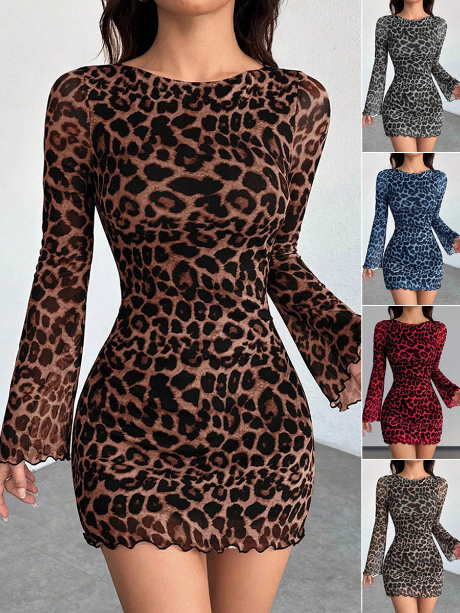 Leopard Print Round Neck Mesh Skirt photo 1