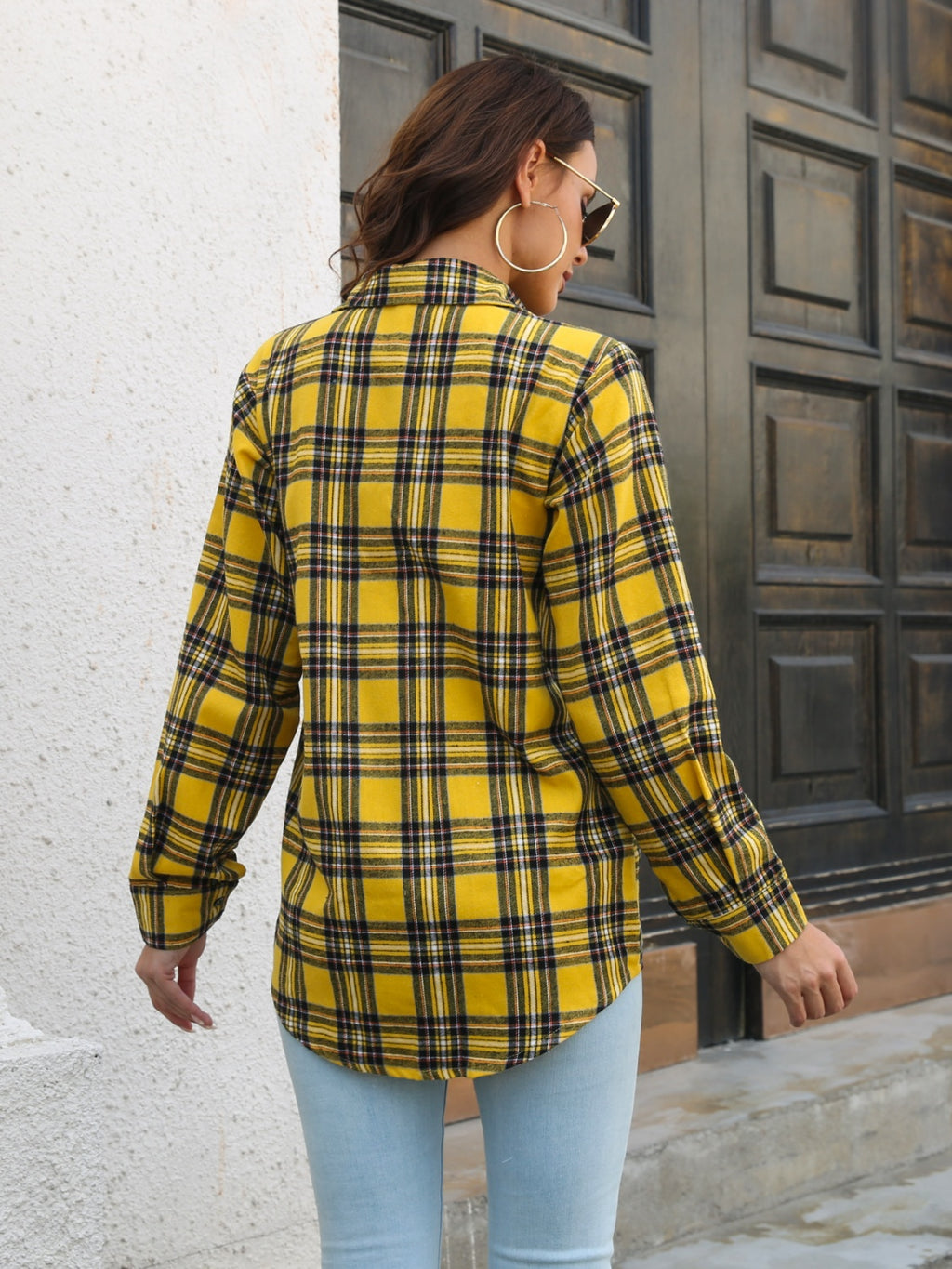 Plaid Collared Neck Buttoned Shirt Pockets (11)