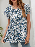 Leopard Round Neck Flutter Sleeve Babydoll Blouse (7)