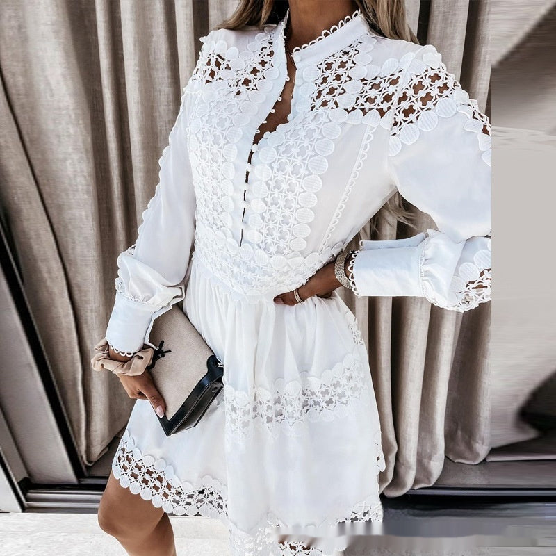 White Hollow-out Pattern Stitching Long Sleeve Shirt Skirt photo 5